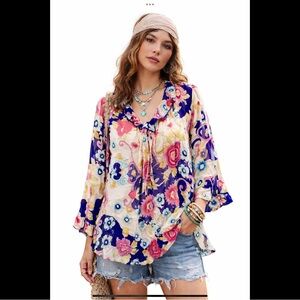 Agora Boho Floral Blouse Sheer Chiffon Ruffle Beaded Neck 3/4 Sleeve Hippie Top